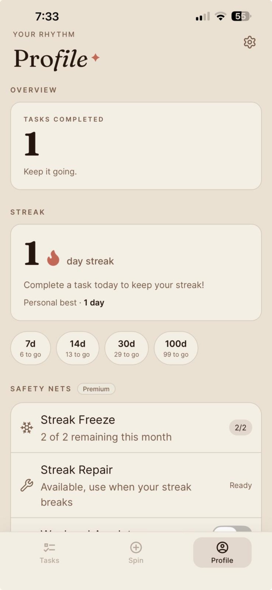 Type A progress and streak screen