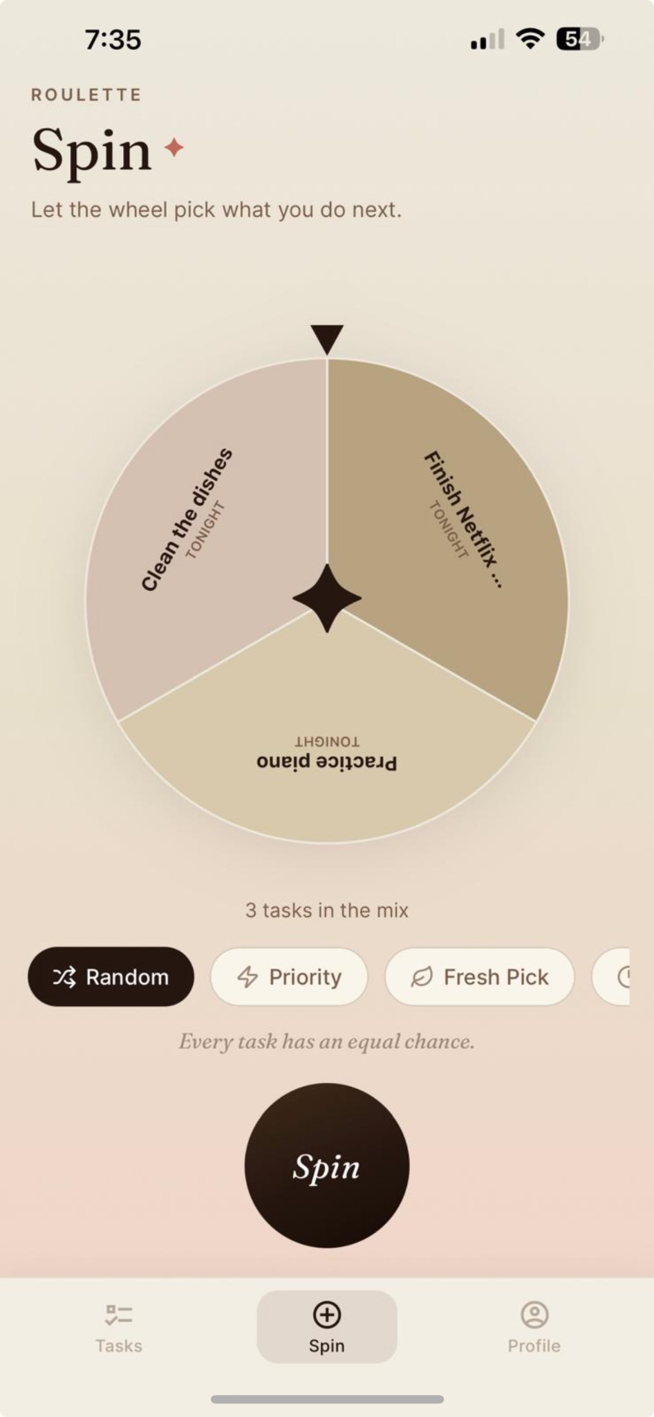 Type A Productivity roulette screen